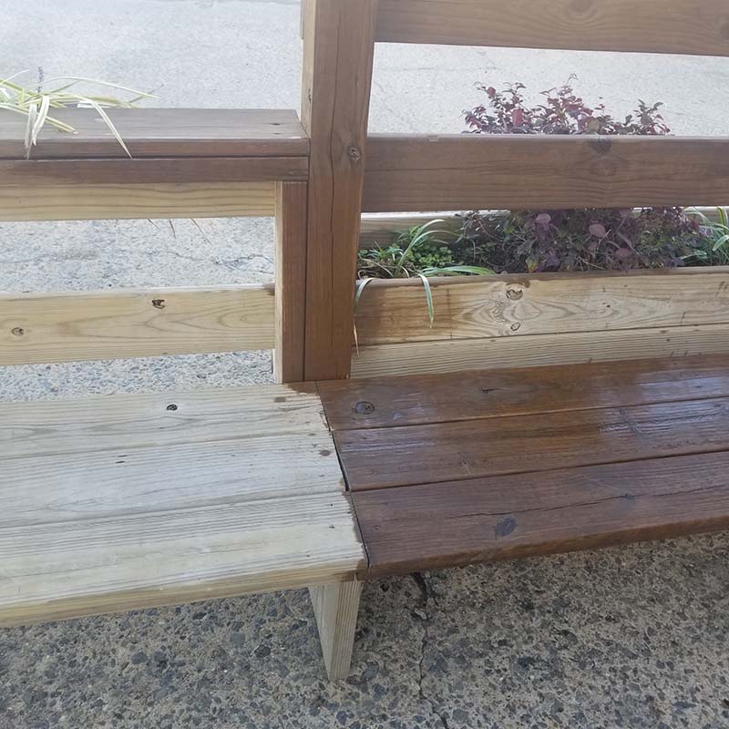 wooden seat area on deck before and after cleaning