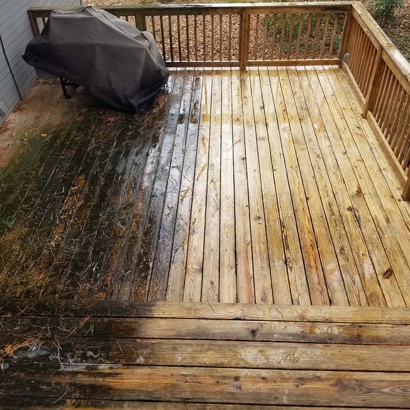 wooden deck before and after cleaning with small grill