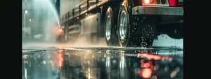 a gleaming semi-truck sparkling under the water jets of a nearby truck wash.