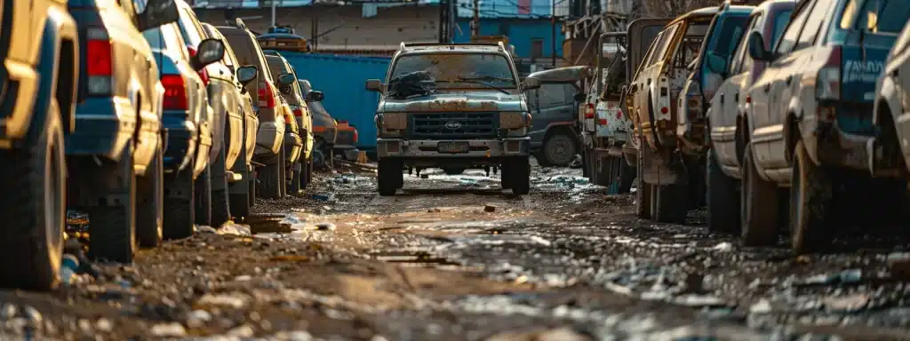 a shiny, meticulously clean truck parked in front of a row of dusty, neglected vehicles.