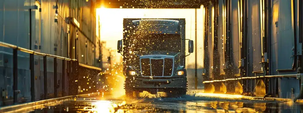 a gleaming truck being washed at a state-of-the-art facility in dallas, with sparkling water droplets reflecting the sunlight.