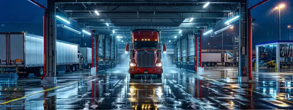 a gleaming semi-truck being meticulously cleaned at a nearby wash, surrounded by a bustling yet organized truck maintenance facility.