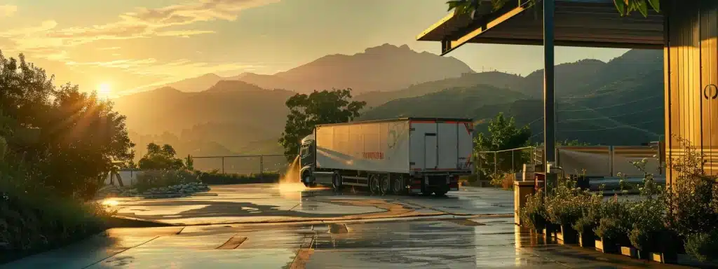 a sleek, modern truck wash basking in the glow of the setting sun, surrounded by lush greenery and mountains in the background.