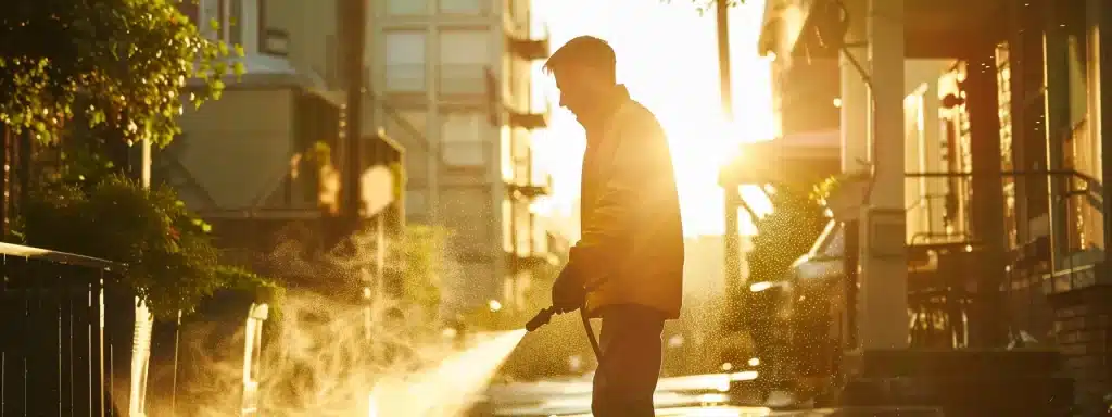 a focused composition shows a confident property owner carefully reviewing vibrant power washing service options against a backdrop of a gleaming, freshly cleaned building exterior, illuminated by warm afternoon sunlight.