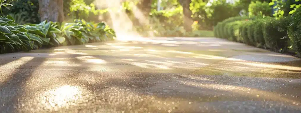 a pristine, sunlit driveway showcases the transformative effect of power washing, with gleaming concrete contrasting against vibrant greenery, symbolizing the importance of identifying cleaning needs for optimal results.