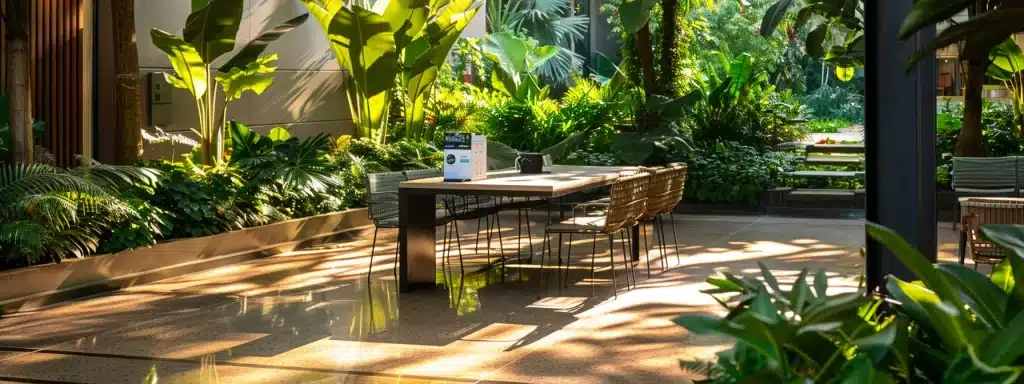 a professional and inviting outdoor consultation space features a sleek table adorned with vibrant brochures and clean surfaces, illuminated by soft, natural light filtering through surrounding greenery, emphasizing the importance of tailored power washing solutions for enhancing property appeal.