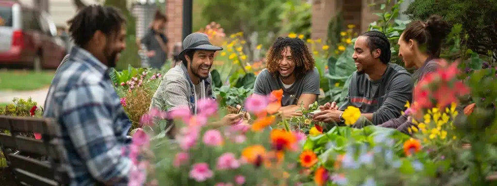 a vibrant neighborhood scene captures a diverse group of friends sharing enthusiastic conversations and laughter, surrounded by blooming flowers and lush greenery, as they exchange valuable recommendations for reliable power washing services.