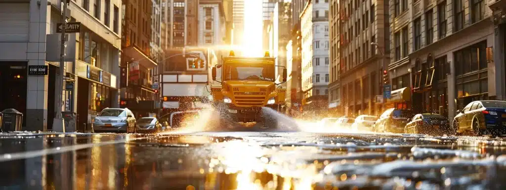 a vibrant urban street scene in new york city and minneapolis, showcasing a sleek power washing truck in action, with sparkling clean surfaces contrasting against the lively city backdrop and the sun gleaming off freshly washed sidewalks.