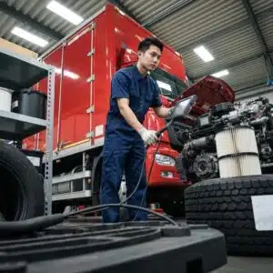 A skilled technician is meticulously inspecting a commercial vehicle in a clean, professional garage environment.