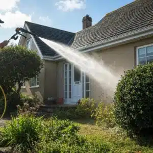 Residential pressure washing service revitalizing a home's exterior with water jets
