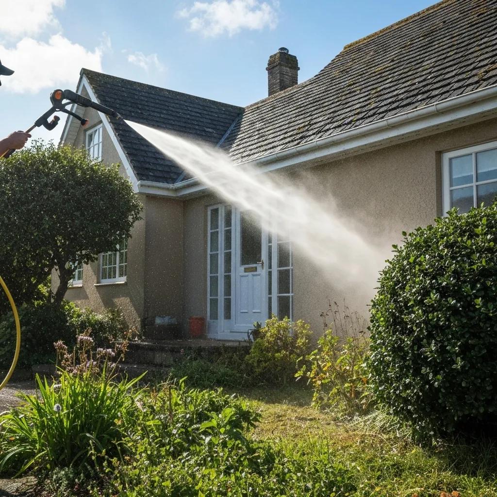 Residential pressure washing service revitalizing a home's exterior with water jets