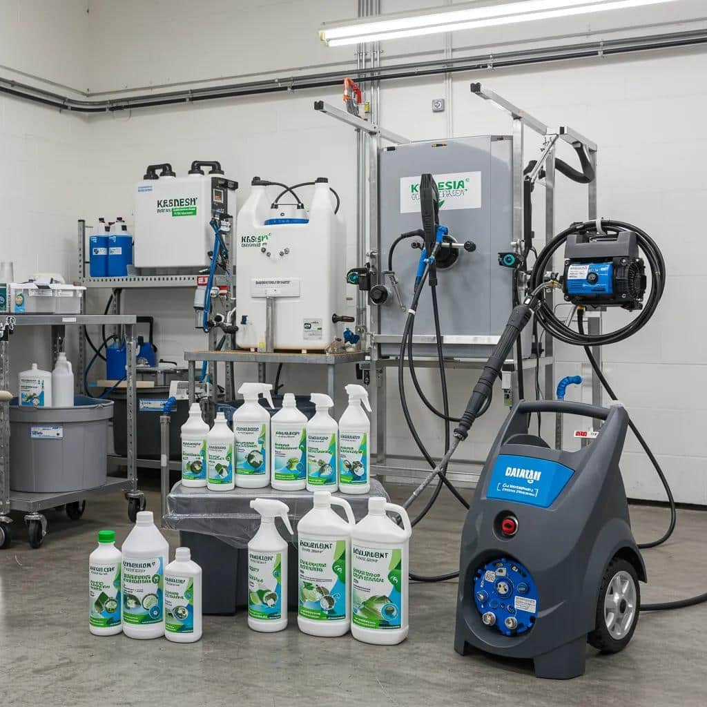 Eco-friendly cleaning agents and advanced washing equipment emphasizing sustainability in fleet washing practices