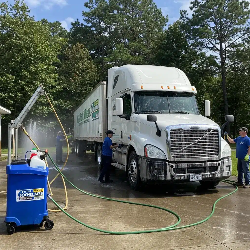 Mobile truck wash service in action, highlighting eco-friendly cleaning solutions and professional service