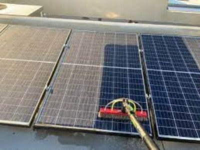 Solar panel cleaning before and after in Conway AR — left panels dirty with pollen, right panels clean and restored by American Services AR